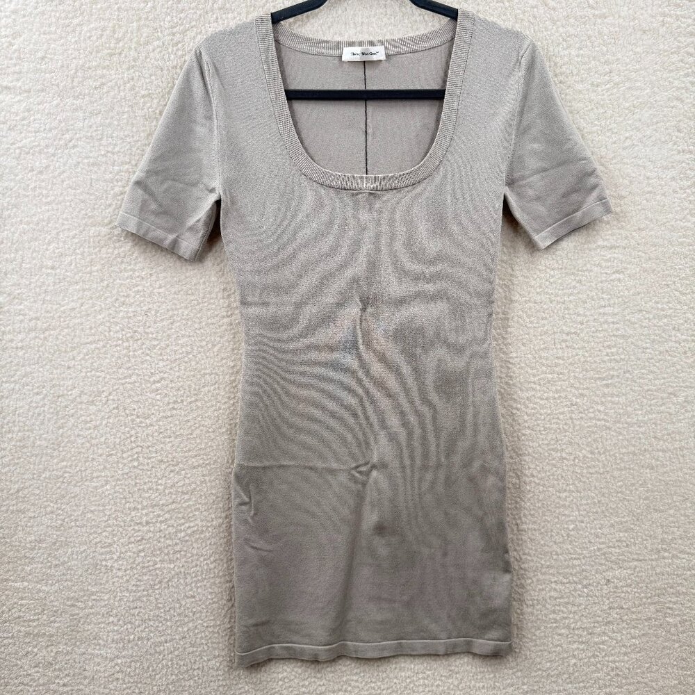 There Was One Scoop Neck Short sleeve Sweater Mini Dress Taupe Beige Knit